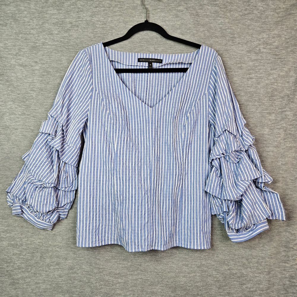 White House Black Market Blue White Striped Tiered Ruffle Sleeve Blouse Sz 10